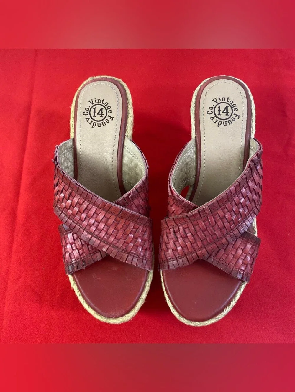 Vintage Foundry Co Lorie Red Woven Leather Platform Wedge Sandal 8.5